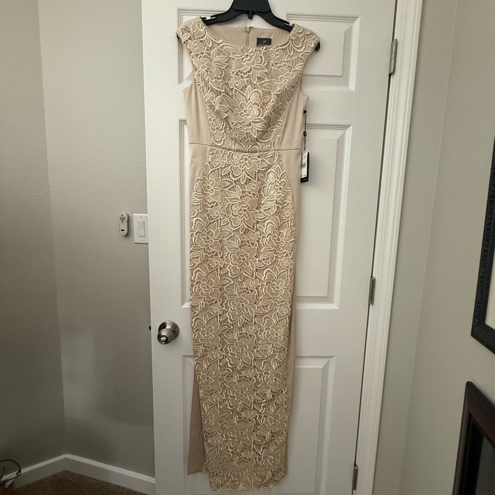 Adrianna Papell Cream Cap Sleeve Cowl Neck Gown